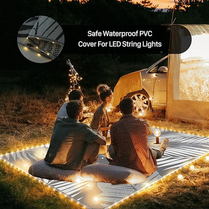 GENIMO Outdoor Rug 8' x 10' Waterproof for Patios Clearance, Reversible Outdoor Plastic Straw Camping Rug Carpet with LED String Light, Area Rugs Mats for RV, Camper, Deck, Balcony, Porch, Grey&White