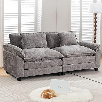 URRED Modular Sectional Sofa Comfy Cloud Couch, Modern Chenille Sofa Sleeper Deep Seat Couches with Ottoman/Pillows for Living Room (Gray, 82.6'')