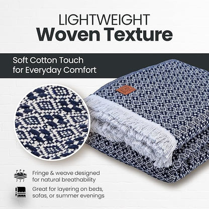 Gold Case Throw Blanket for Bed – 100% Recycled Turkish Cotton Bed Blanket – Decorative Throw Cotton Blankets for Living Room & Bedroom – Retro Navy Blue Woven Queen Blankets – 90x90