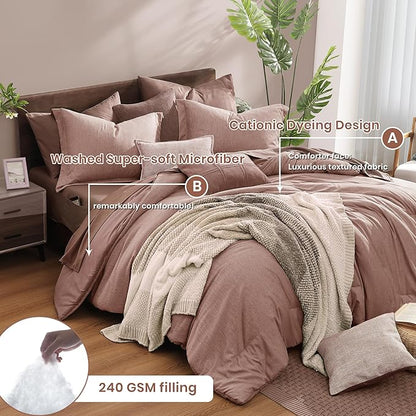 Monbix Queen Comforter Set - 7 Pieces Dusty Pink Cationic Dyeing Bed in a Bag Queen Bedding Sets with Sheets, Pillowcases & Shams, Reversible Bedding Comforters