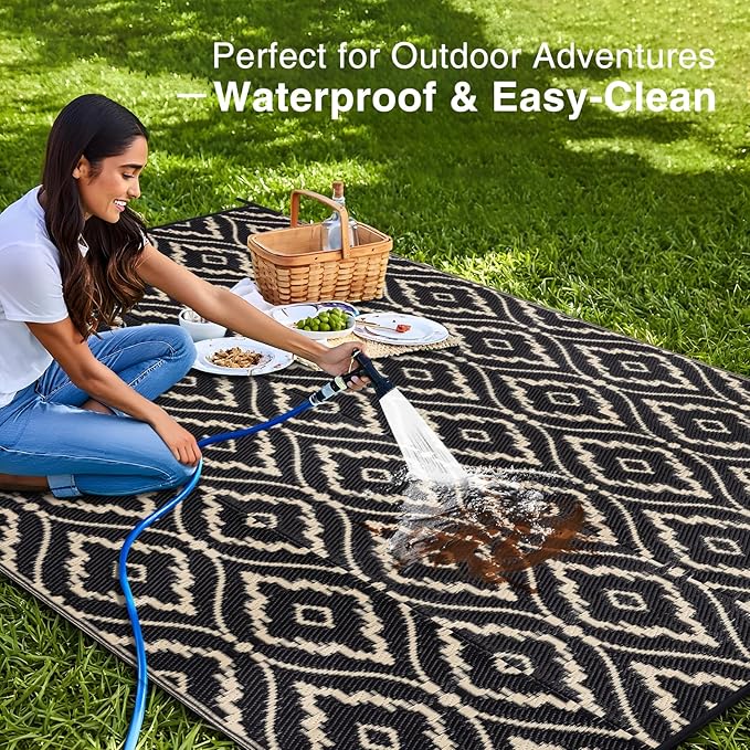 OLANLY Outdoor Rug 6x9 ft Waterproof, Outdoor Plastic Straw Rug with Geometric Pattern Clearance, Reversible RV Mat for Patio, Camping, Balcony, Deck, Backyard, Black & Beige
