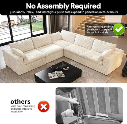 118" V Shaped Corner Modern Sofa Modular Sectional Cloud Couch,Deep Seat Upholstered Couches with Plush Corduroy Fabric for Living Room Furniture,Bedroom and Apartment,No Assembly Required,White