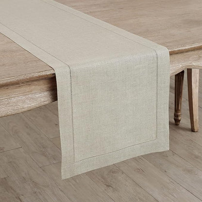 Solino Home Linen Natural Table Runner 48 Inches - Classic Hemstitch, 100% Pure Linen Coffee Table Runner 14 x 48 Inch Ideal for Dresser Tables - Fall, Autumn, Halloween, Thanksgiving