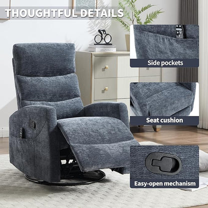Manual Swivel Rocker Recliner Chair for Adults, Overstuffed Reclining Glider Chair for Nursing with Vibration Massage & Heat, Living Room Rocking Recliner 3-Stage backrest, Chenille Fabric Blue