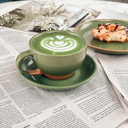 Mora Ceramic Latte Art Mug With Saucer - 10.5 oz, Round Bottom For Perfect Pours - Cafe Cups for Cappuccino, Espresso, Coffee, Tea etc - Porcelain Set for Baristas, Great Gift - Moss Green