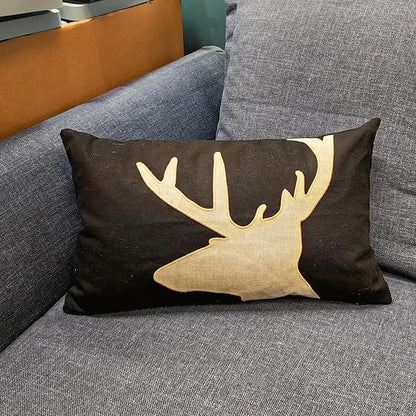 Lumbar Pillow Covers 12x20 Inches Black Decorative Cotton Linen Deer HeadThrow Lumbar Waist Embroidered Cushions Covers for Couch Sofa Bedroom