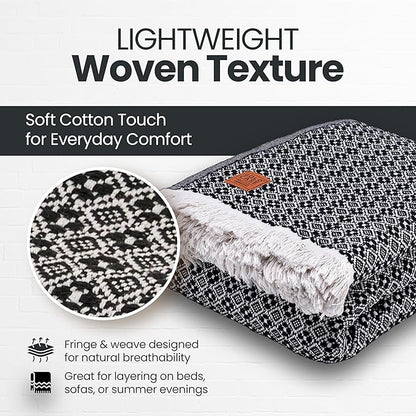 Gold Case Throw Blanket for Bed – 100% Recycled Turkish Cotton Bed Blanket – Decorative Throw Cotton Blankets for Living Room & Bedroom – Retro Black Woven Queen Blankets – 90x90