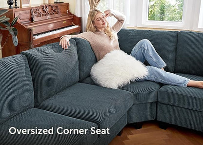 Nolany Sectional Sofa with Storage Ottoman, U Shape Sectional Couch with Chaise, Corduroy Modular Sectional Couches for Living Room, Blue