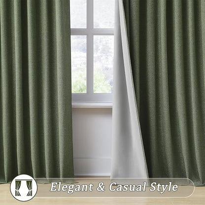 RAIN CITY Dark Olive Green Blackout Curtains 96 Inch Long with Hooks 2 Panels Set, Back Tab Drapes with Grey Backing for Track System, Modern Window Curtains for Bedroom- Loden/Olive Forest 50x96