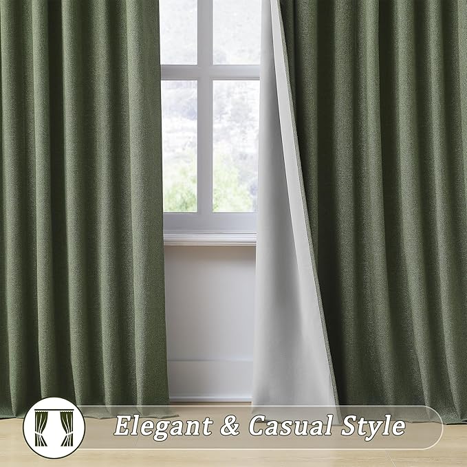 RAIN CITY 2 PCs Olive Green Linen Blackout Curtains 84 Inch Long for Living Room,Pinch Pleated Drape with Hooks Back Tab Boho Decor, Olive Forest Loden Full Black Out Curtains for Bedroom