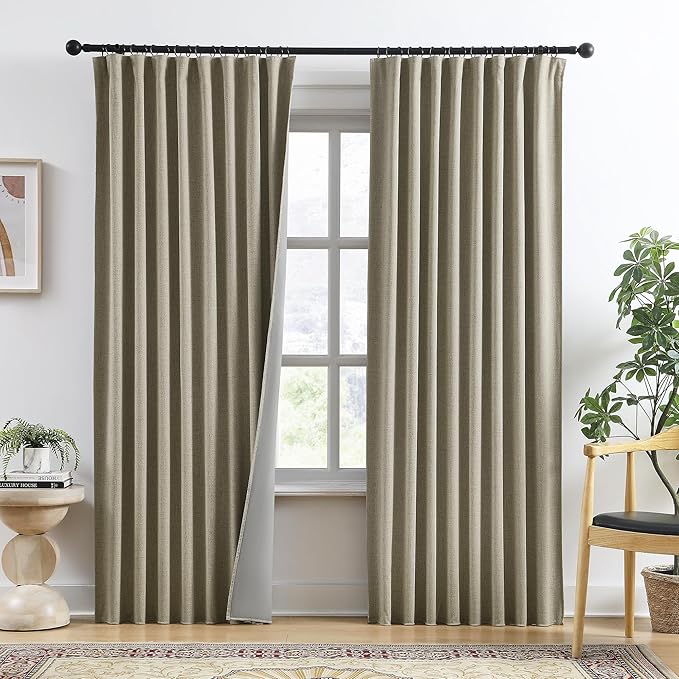 RAIN CITY Blackout Taupe Curtains 92 Inch Long for Bedroom Living Room Linen Textured Farmhouse Room Darkening/Thermal/Noise Reduction Window Treatment Drapes with Hooks 2 Panels, 2x50Wx92L in
