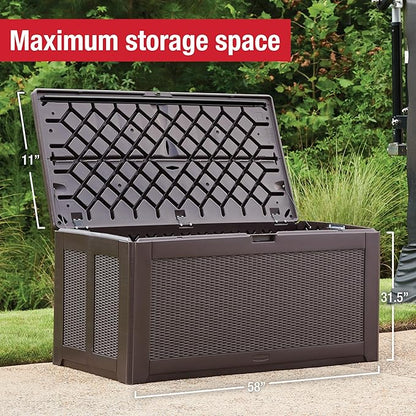 Rubbermaid Extra Large Resin Outdoor Storage Deck Box (134 Gal), Weather Resistant, Brown, Deck Organization for Home/Backyard/Pool Chemicals/Toys/Garden Tools/Porch/Patio Cushions