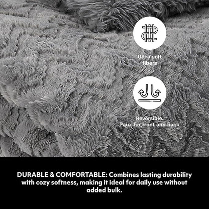Mon Chateau Grey 3D Jacquard Faux Fur Throw, Plush Luxury Blanket for Couch, Sofa, or Bed, Soft Reversible Throw Blanket for Sleeping, Home & Room Décor, 60" x 70"