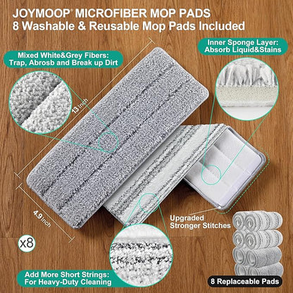 JOYMOOP Mop and Bucket with Wringer Set for Floor Cleaning and Wall Cleaner, Flat Mop and Bucket System Set with 2 Mops and 8 Large Microfiber Pads - Green
