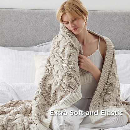 Bedsure Cable Knit Twin Blanket for Couch Bed - Breathable Chenille Chunky Knit Twin Blanket for Decorative Gift, GentleSoft Cozy and Warm for Winter and All Seasons, Beige, 60x80 Inches