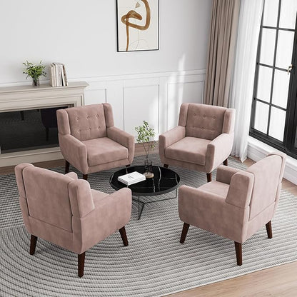UIXE Accent Chair, Velvet Upholstered Armchair for Living Room, Modern Club Arm Chairs Comfy Single Sofa Button Tufted Bedroom Reading Seat - Skin Pink, Set of 4