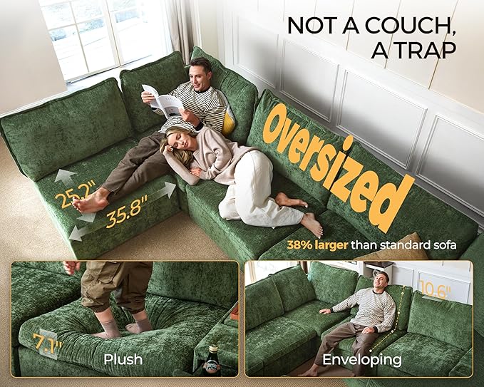 Oversized Modular Sofa Comfy Cloud Couch with Storage, Extra Deep Plush Sectional Sofa Set for Living Room, Covers Washable, Chenille, Olar (Green, 6-Seater with 2 Corners, u-Shaped)