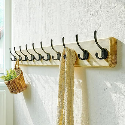 Dseap Coat Rack Wall: 38-1/4" Long, Patented, Heavy-Duty, 10-Double-Hooks Wooden Wall Mounted Coat Rack Coat Hanger Hook Rail for Winter Coats Hat Jacket Clothing, Light Brown