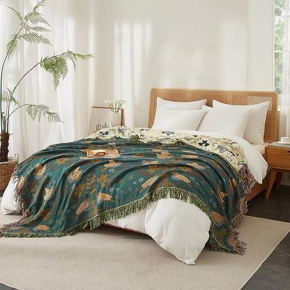 Boho Throw Blanket for Bed 90”x98”, 100% Cotton Woven Blanket for Couch Sofa, Ultra Soft 4-Layer Muslin Quilt with Bird Floral Printed, Farmhouse Bed Blanket/Cover for Living Room Decor