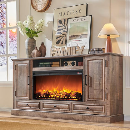 Fireplace TV Stand for 80 Inch TV, 35.7" Tall Farmhouse Entertainment Center W/36'' Electric Fireplace, Media Console with Large Storage Cabinets and Drawers for Living Room, Light Brown