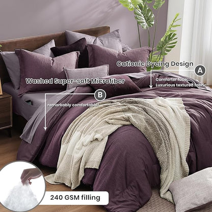 Monbix California King Comforter Set - 7 Pieces Cationic Dyeing Italian Plum Bed in a Bag Cal King Bed Sets with Comforter, Sheets, Pillowcases & Shams, Reversible Bedding Comforters Sets (108 * 92)