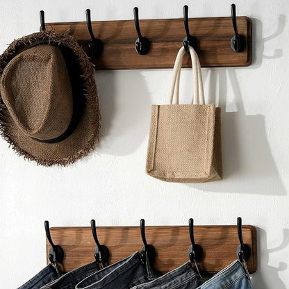 SKOLOO Rustic Wall Mounted Coat Rack with 16 Inch Mounting Hole Distance, Pine Solid Wood Coat Hook Hanger - 5 Hooks for Hanging Clothes Robes Towels Coats