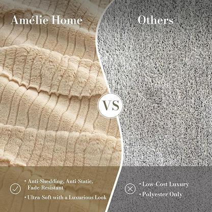 Amélie Home Luxury Striped Faux Fur Throw Blanket for Couch, Embossed Split Fur Cozy Fuzzy Fluffy Luxurious Soft Plush Sofa Chair Bed Gift Blankets for Women Men Wife Friend, 55"x70", Beige