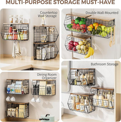 Delamu 3 Pack Stackable Metal Fruit Basket with Wood Lid-Wall Mounted&Countertop Organizer for Kitchen,Pantry- Ventilated Storage for Onions,Potatoes,Fruits,Spices,Black