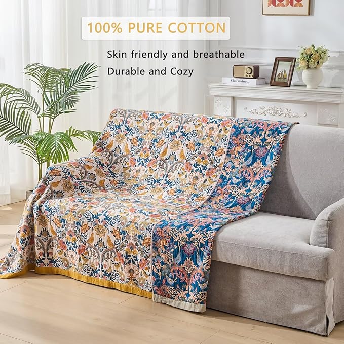 Boho Throw Blanket for Bed Couch 100% Cotton Woven Bed Throws for Summer, Lightweight and Soft Cozy Farmhouse Reversible Muslin Decorative Blanket for Travel Picnic, Teal/Cream, 80"x90"