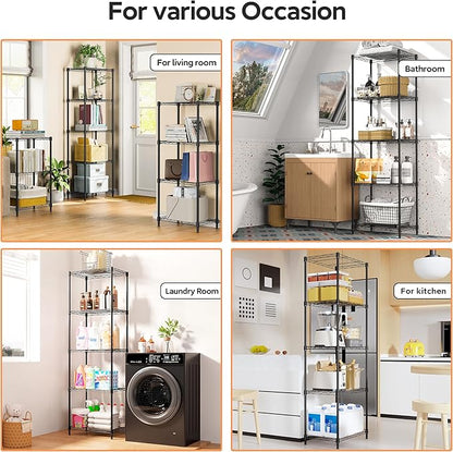 5 Tiers Shelf Metal Storage Shelves Wire Rack Closet Organizers with Wheel for Garage Kitchen Bathroom Laundry Black 11.8" D x 17.7" W x 55" H