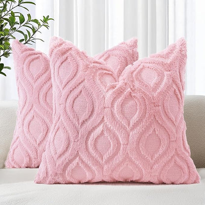 decorUhome Throw Pillow Covers 16x16 Inch Set of 2, Soft Plush Decorative Faux Fur Light Pink Solid Couch Pillow Covers, Accent Farmhouse Neutral Square Euro Pillow Cases for Sofa Bed Living Room