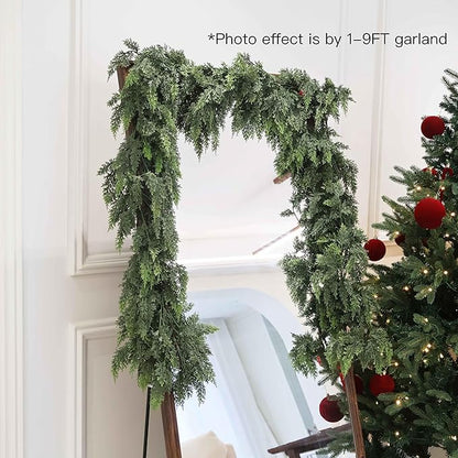 9FT Christmas Cedar Garland Artificial Real Touch Thickness Realistic Greenery Pine Garland for Mantle Fireplace Outdoor Indoor Christmas Decorations