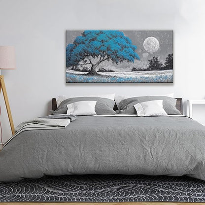 TAIJXAGSG Wall Art For Living Room Blue Tree Moon Canvas Art Wall Print Decor Artwork Print Painting 24" X 48" Modern Wall Art Picture For Bedroom Modern Salon Kitchen Office Home Wall Decor