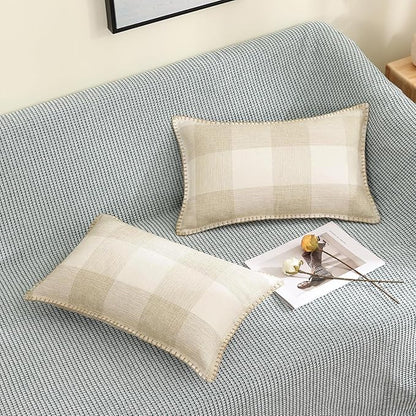 decorUhome Buffalo Plaid Check Fall Throw Pillow Covers 12x20 Set of 2, Outdoor Lumbar Decorative Farmhouse Pillow Covers with Stitched Edge for Bed Couch Sofa, Cream White and Beige