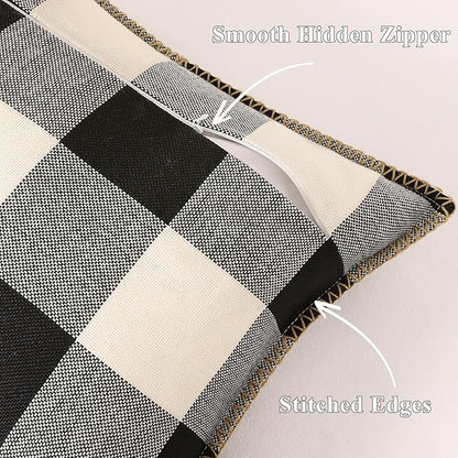 decorUhome Buffalo Plaid Check Throw Pillow Covers 16x16 Set of 2, Outdoor Decorative Farmhouse Neutral Pillow Covers with Stitched Edge for Bed Couch Sofa, Black and White