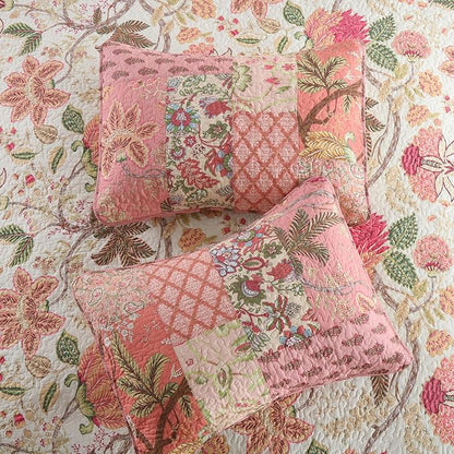 NEWLAKE Cotton Patchwork Bedspread, 3-Piece Bedding Quilt Set with Real Stitched Embroidery, Reversible Matelasse Bed Coverlet Set,Bohemian Floral, Queen Size