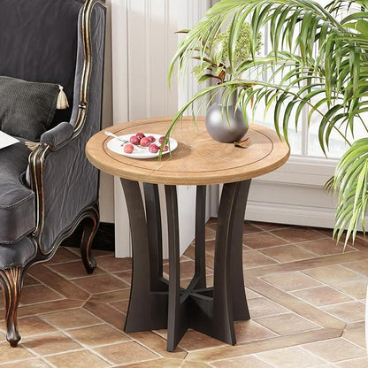 Farmhouse Round End Table with Criss-Cross Wood Legs, Rustic French Country Side Table for Dinning or Living Room, Modern, Black, Natural Wood