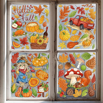 Fall Window Clings Decorations - Leaves Pumpkin Scarecrow Autumn Clings for Glass Windows, Double Sided Reusable Window Stickers, Cute Large Thanksgiving Harvest Window Decals-184 PCS/9 Sheet