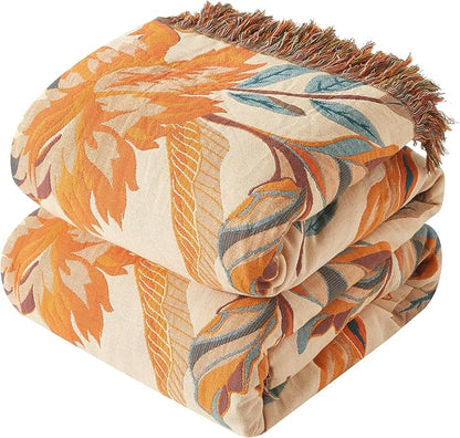 Boho Throw Blanket for Couch Sofa Bed, 100% Cotton Woven Quilt with Tassel 80”x90”, Super Soft Muslin Blanket with Floral Printed, Decorative Reversible Bed Blanket/Cover for All Seasons