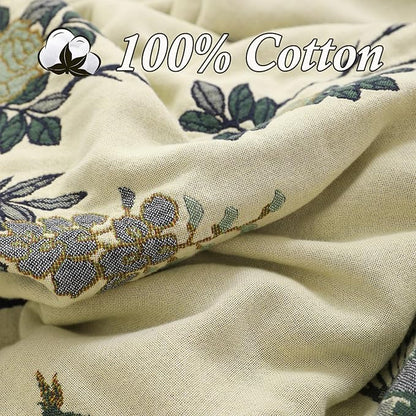 Snycler Boho Throw Blanket for Bed - 100% Cotton Ultra Soft Rustic Quilt Green Hummingbird Printed Farmhouse Decor Bed Blankets,60"×80" All Season Rustic Throw for Sofa Couch Chair
