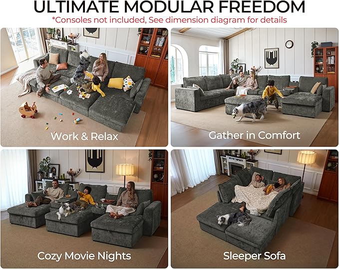 Oversized Modular Sofa Comfy Cloud Couch with Storage, Extra Deep Plush Sectional Sofa Set for Living Room, Covers Washable, Chenille, Olar (Grey, 6-seatser with Corner & Ottoman, v-Shaped)