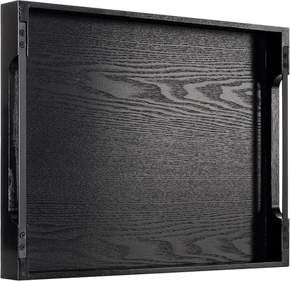 Axeman Wooden Serving Tray with Metal Handles|Ottoman Tray for Breakfast, Bed, Couch|17x13in Ash Wood Coffee Table Trays|Food Drinks Decorative Storage Boards for Ottoman Kitchen, Black