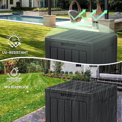 28 Gallon Outdoor Storage Box, Waterproof Durable Resin Deck Box for Indoor & Outdoor Use, Lockable Outdoor Bench, Deck Bin for Patio Furniture, Deliveries, Pool Supplies, Black