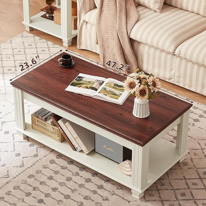 Farmhouse Coffee Tables for Living Room,Square Tea Table with Open Storage Shelf,Large Coffee Table,Rustic Wooden Center Table,White