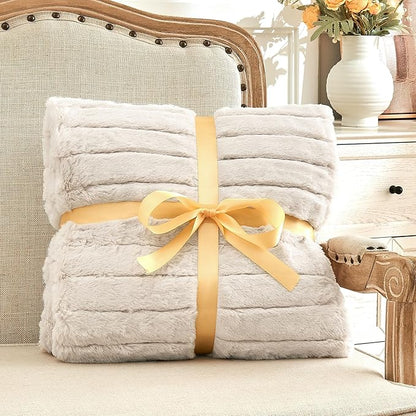 BEDELITE Faux Fur Throw Blanket for Couch, Soft and Cozy 3D Ribbed Fluffy Blanket, Thick Warm Plush Fuzzy Faux Rabbit Fur Blanket for Women Gift (Beige, 50"x 60")