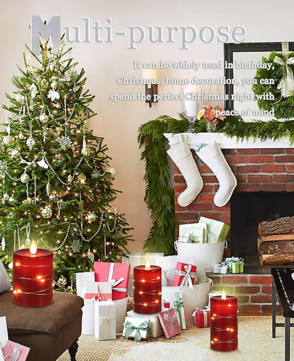 Red flameless Candles with Remote Control Timer Battery Operated LED Pillar Candles 4‘’ 5‘’ 6‘’ Fake Candles with String Lights Set of 3 for Christmas or Special Festivals Decorations