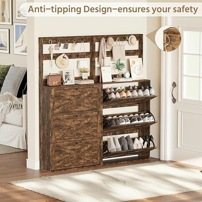 Shoe Cabinet with 3 Flip Drawers, Narrow Shoe Cabinet with 9 Hooks Coat Rack, Freestanding Shoes Storage Cabinets with Adjustable Shelves for Entryway, Hallway, Living Room, Rustic Brown