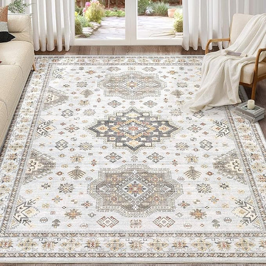 Washable Area Rugs for Living Room -10x13 Neutral Vintage Distressed Floral Farmhouse Boho Large Soft Floor Rug Indoor Non Slip Carpet for Living Room Bedroom Dining Room Office-Blue Brown