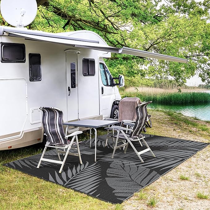 GENIMO Outdoor Rug 9' x 12' Waterproof for Patios Clearance, Reversible Outdoor Plastic Straw Camping Rug Carpet, Large Area Rugs Mats for RV, Camper, Deck, Balcony, Porch, Beach, Picnic, Black&Grey