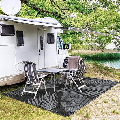 GENIMO Outdoor Rug 9' x 12' Waterproof for Patios Clearance, Reversible Outdoor Plastic Straw Camping Rug Carpet, Large Area Rugs Mats for RV, Camper, Deck, Balcony, Porch, Beach, Picnic, Black&Grey